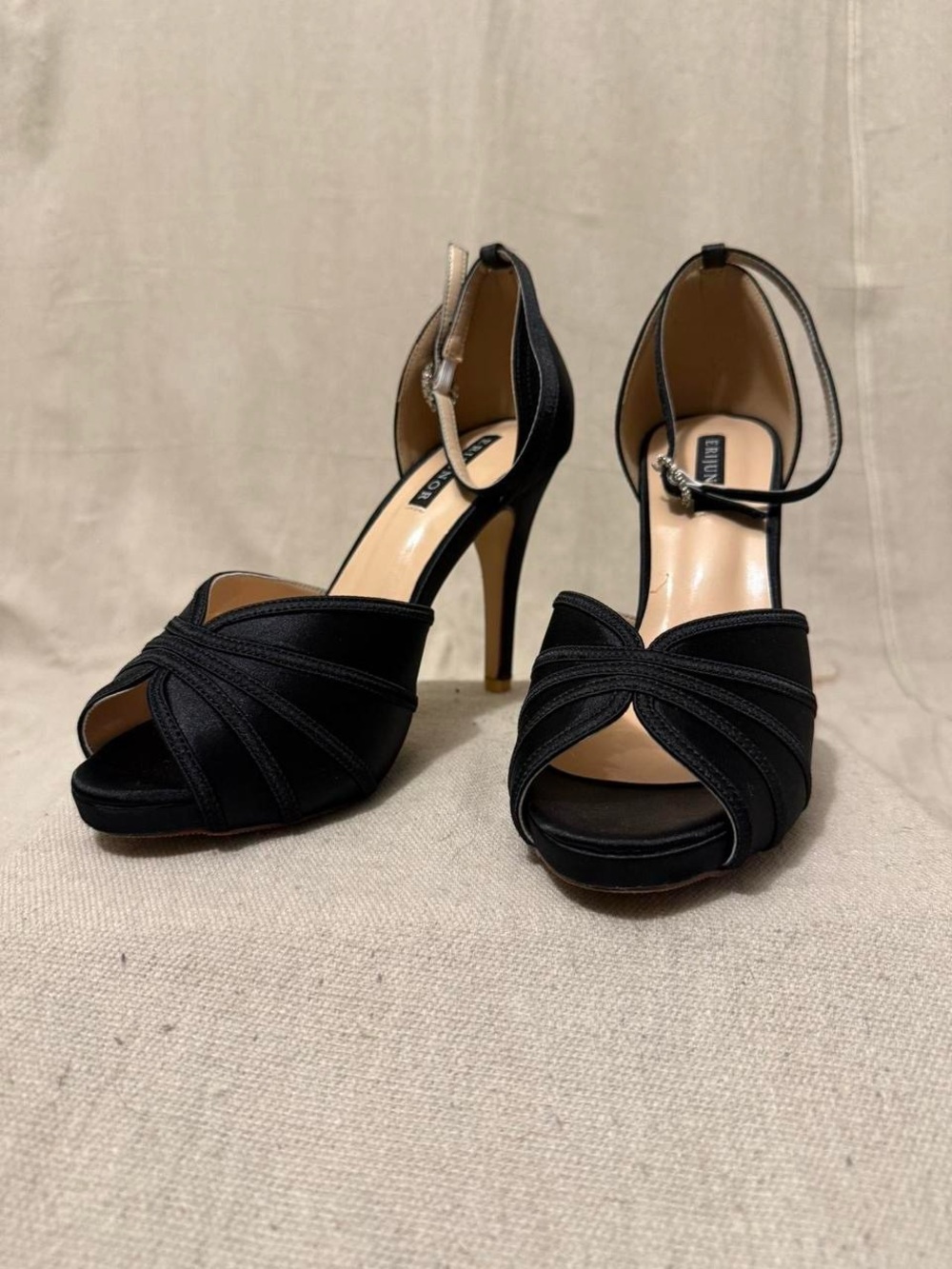 Black Ankle-Strap Peep Toe Heels - Women